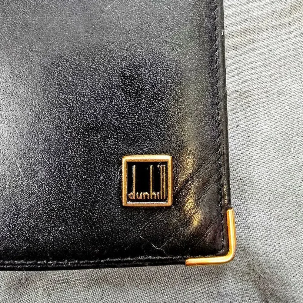 Vintage Dunhill Black Leather Bifold Wallet with Gold Accents